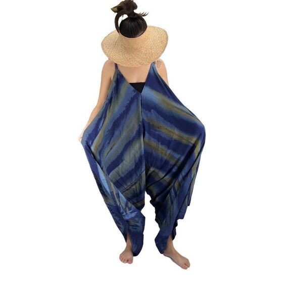 Pōʻalima Blue Tan Tropical Boho Wide Leg Beach Romper - Picture 9 of 14
